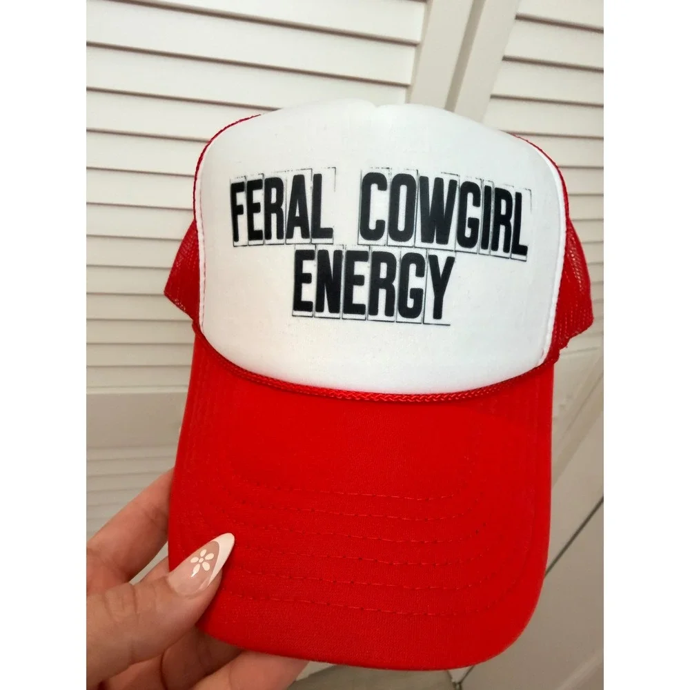 Feral Cowgirl Energy Red White Trucker Hat Mesh Snapback Baseball Cap
